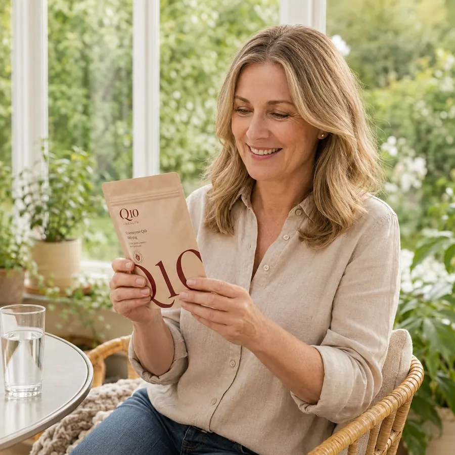 Happy Q10 Health customer holding Q10 pouch