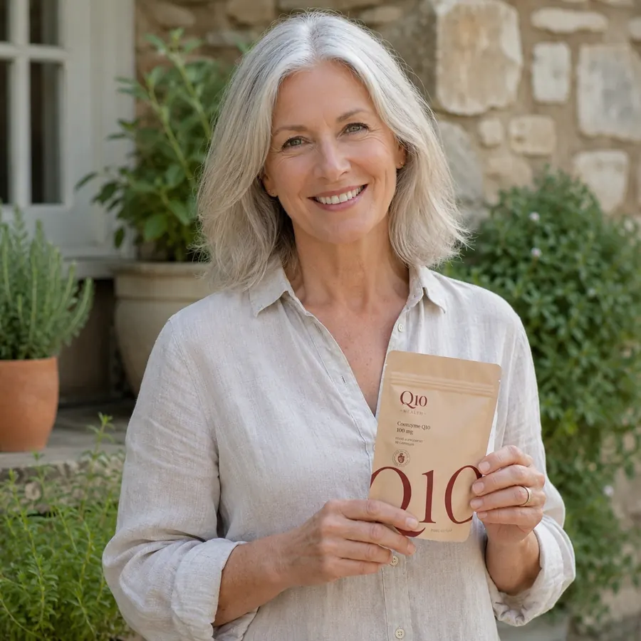 Happy Q10 Health customer holding Q10 pouch