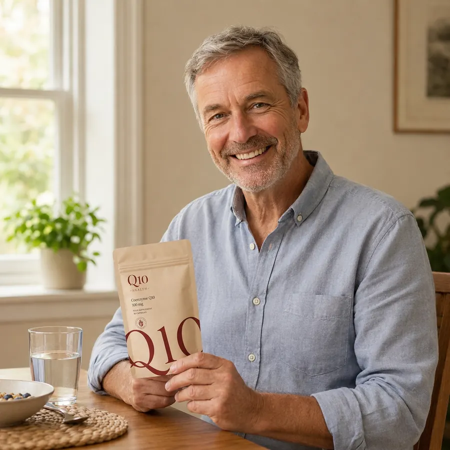 Happy Q10 Health customer holding Q10 pouch