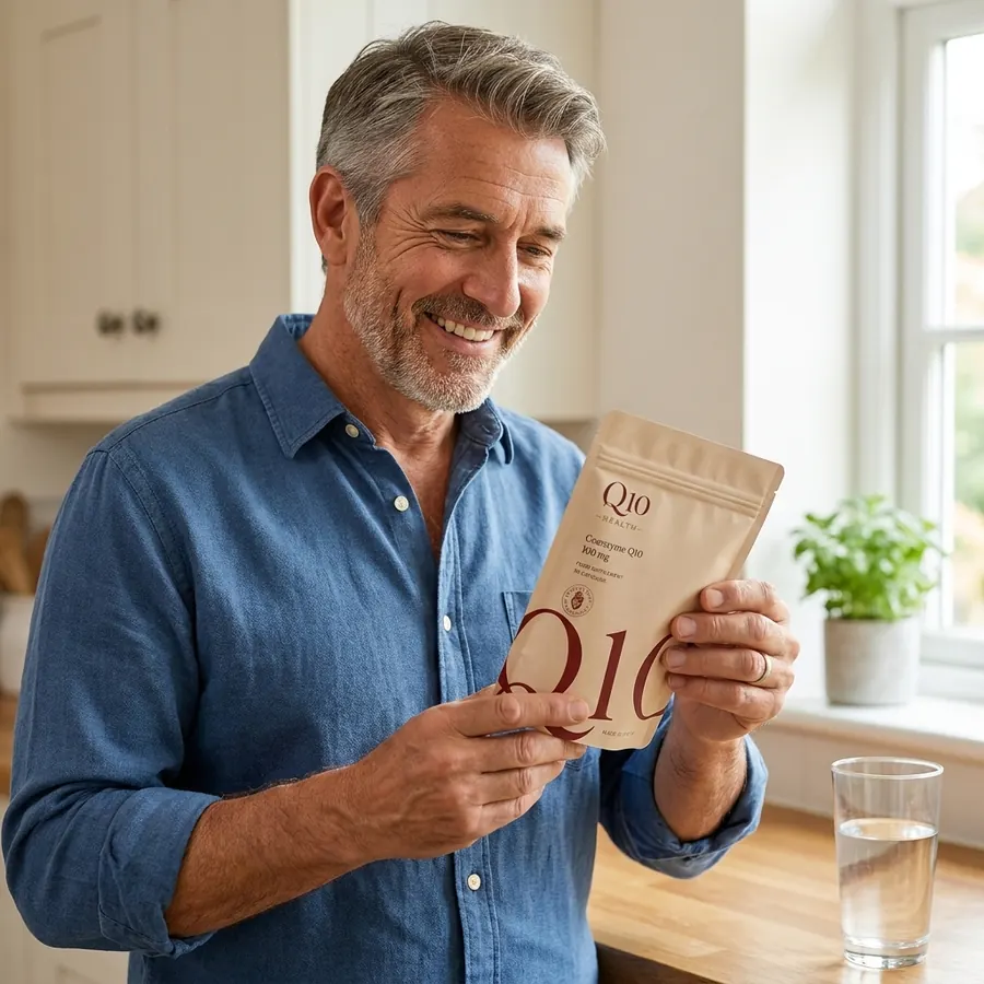 Happy Q10 Health customer holding Q10 pouch