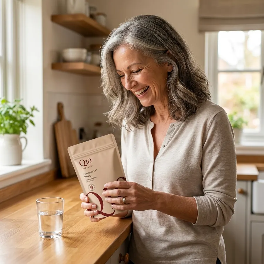 Happy Q10 Health customer holding Q10 pouch