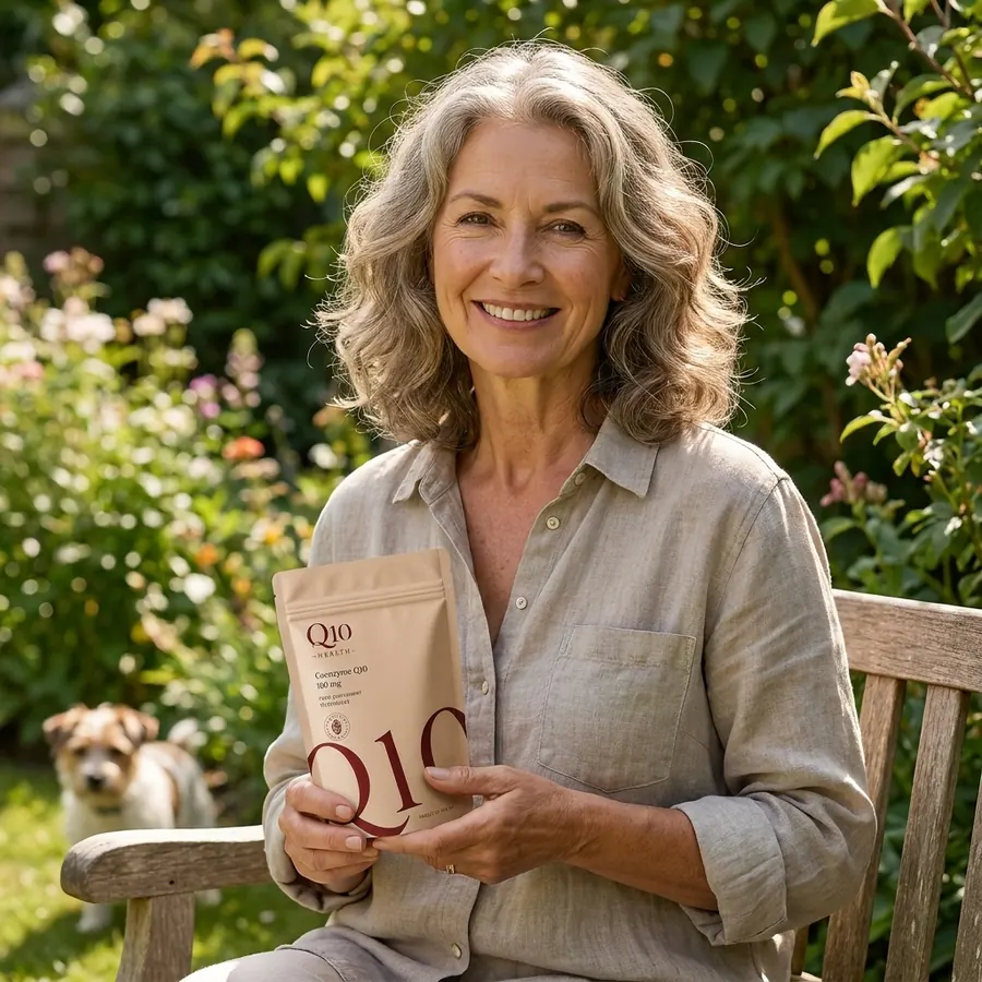 Happy Q10 Health customer holding Q10 pouch