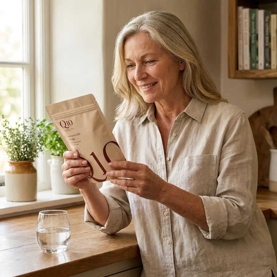Happy Q10 Health customer holding Q10 pouch