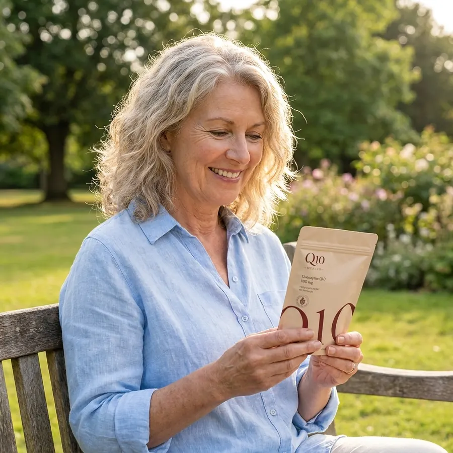 Happy Q10 Health customer holding Q10 pouch