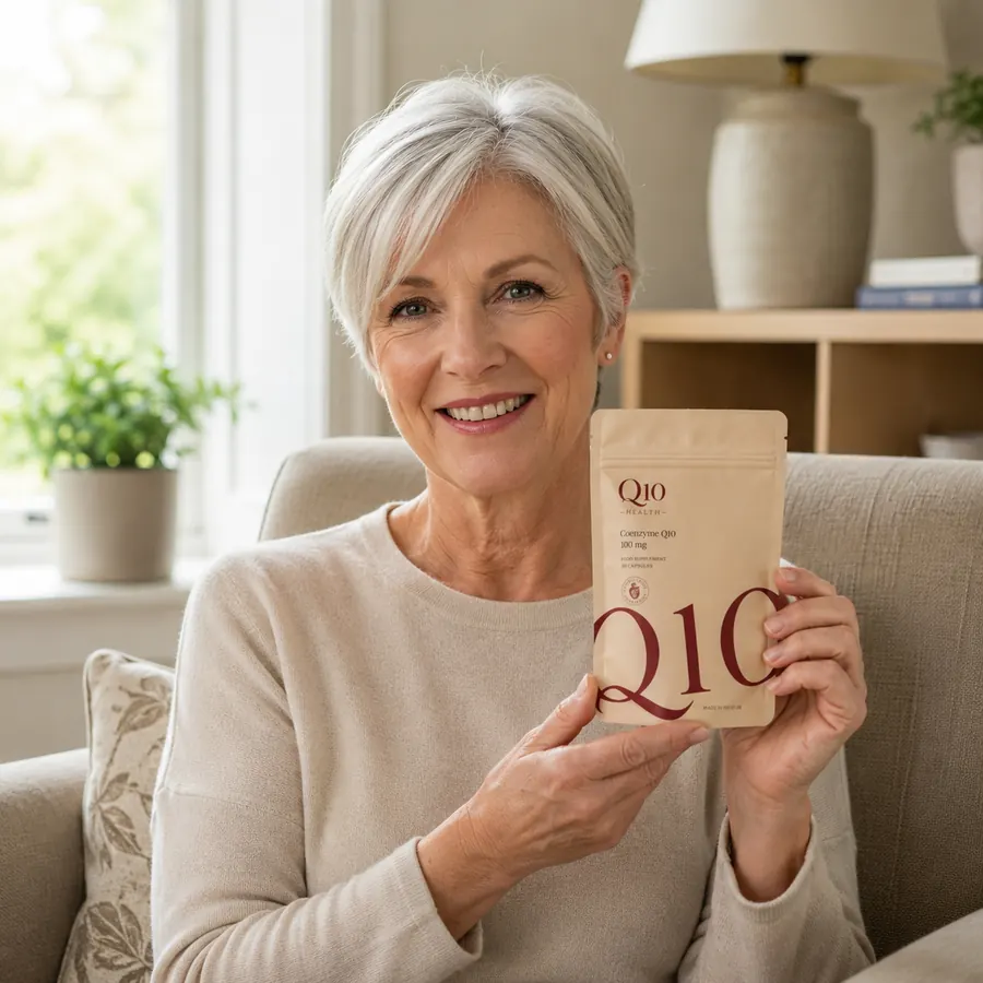 Happy Q10 Health customer holding Q10 pouch