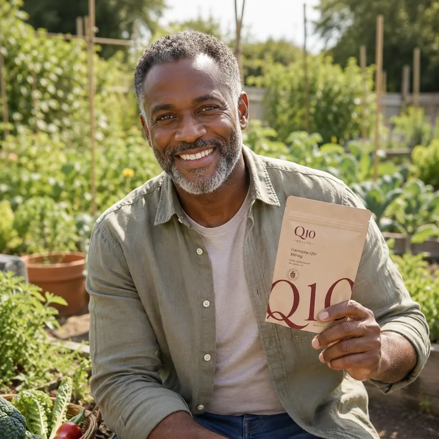 Happy Q10 Health customer holding Q10 pouch