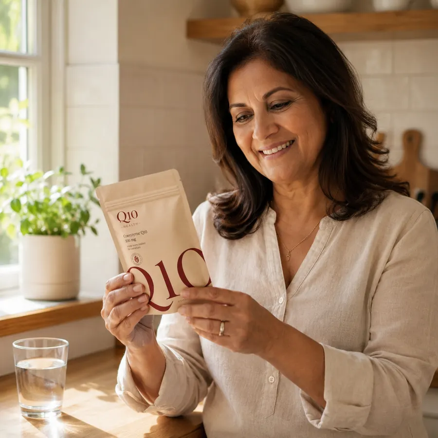 Happy Q10 Health customer holding Q10 pouch