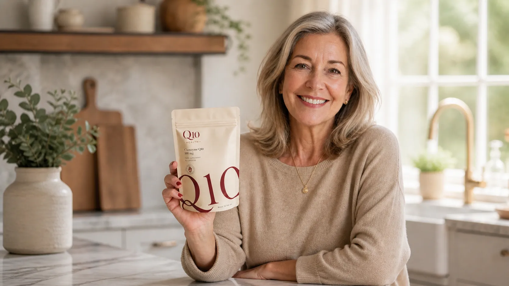 Woman holding Q10 Health Coenzyme Q10 supplement pouch in a bright kitchen